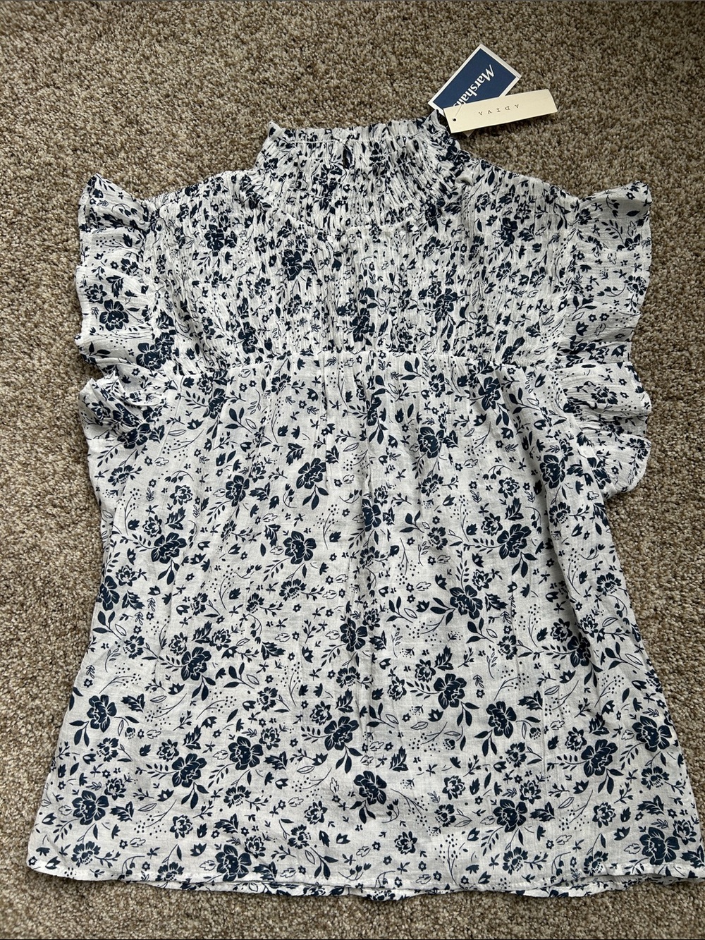 New with Tags ADIVA Navy & White Floral Smocked Ruffle Top, Medium